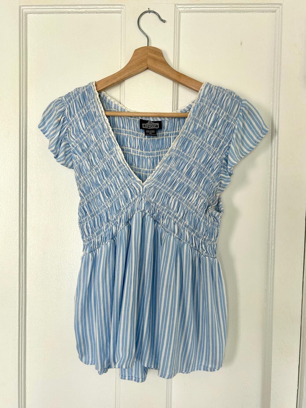 Vintage Striped Smocked Peasant Top | Baby Blue Flutter Sleeve Rayon Medium